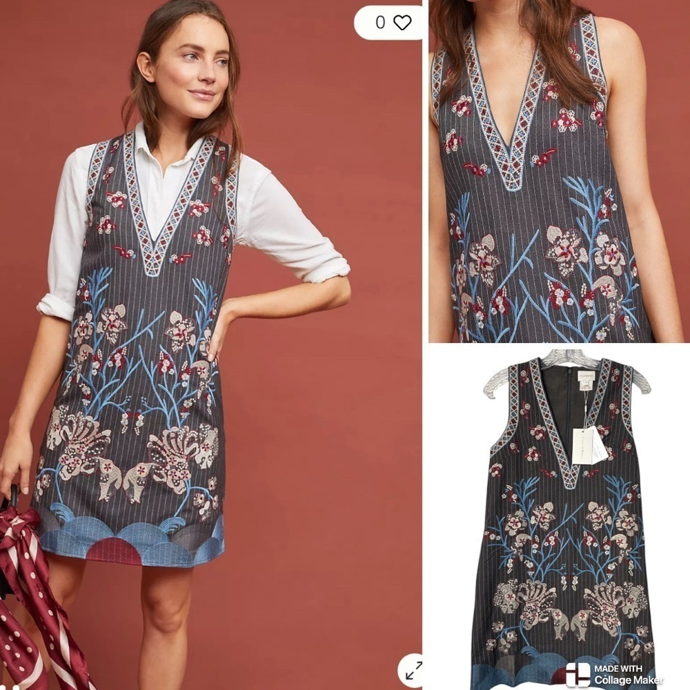 NWT Anthropologie Foxiedox embroidered Floral V-Neck Sleeveless Dress
